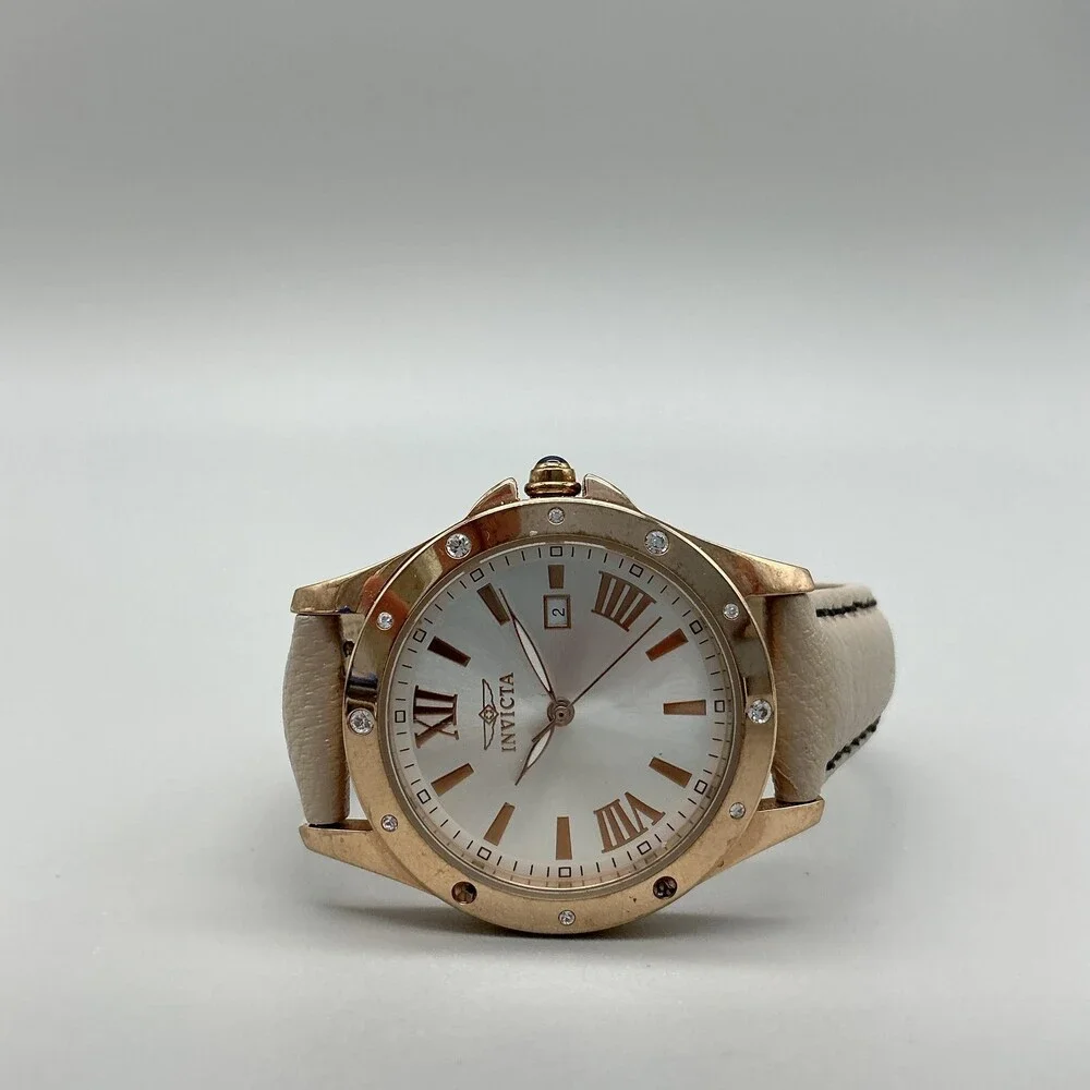 Invicta Angel Womens Watch 33mm Silver Rose Gold Tone Beige Leather New Battery